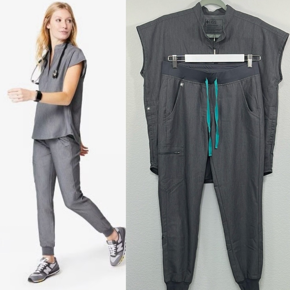 Figs Women's Gray Jogger Scrub Pants and top set